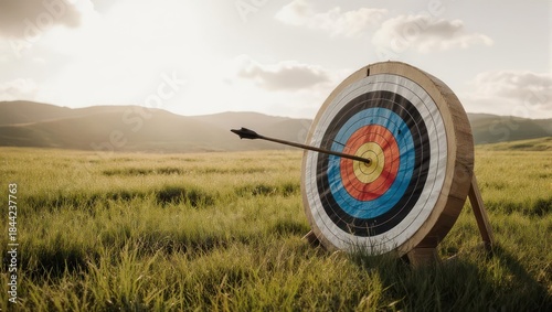 Arrow hitting bullseye on target in a sunlit field, symbolizing achievement and success.