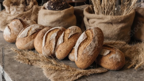 Artisan Bread Display - Fresh Loaves and Rustic Burlap Sacks.