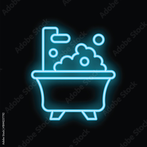 Glowing neon blue icon of a bathtub with soap bubbles and shower faucet