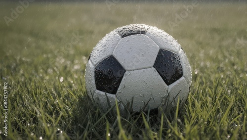 A classic black and white soccer ball resting on a lush green grass field.
