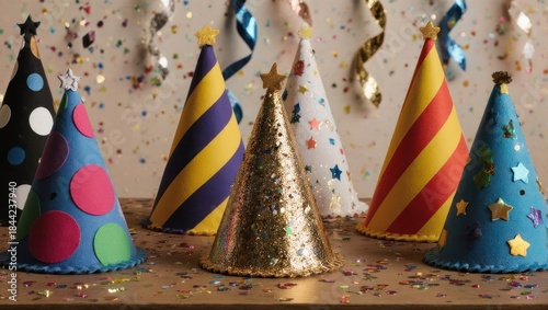 A festive collection of colorful party hats with confetti for a celebration.