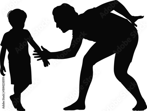 Silhouette of adult reaching toward child, caring interaction symbolizing guidance, support, protection, parenting, trust and emotional connection
