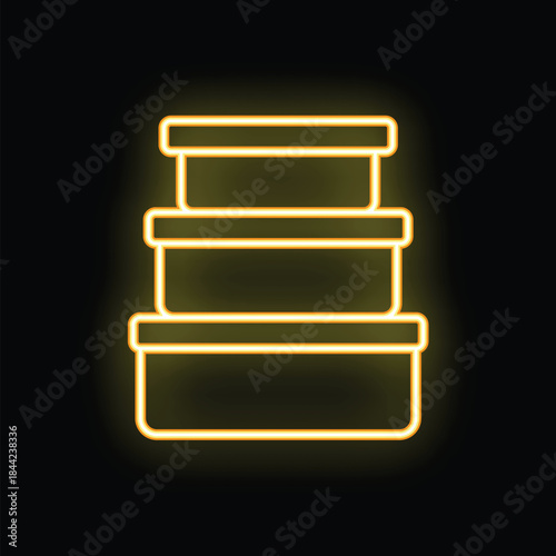 Minimalist vector illustration of a neon sign representing three rectangular containers, evoking food storage and meal prep