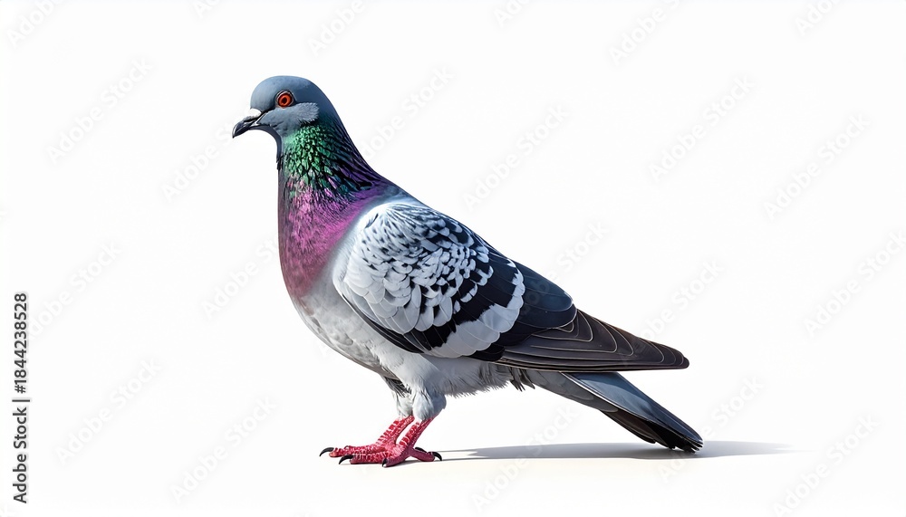 Fototapeta premium Single pigeon standing on white background, realistic texture, soft shadow.