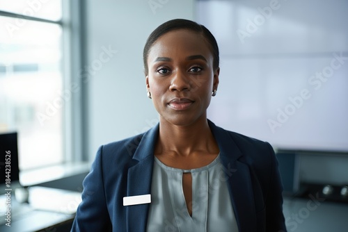 Threat assessment specialist facing forward in security office with poised authority