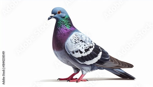 Single pigeon standing on white background, realistic texture, soft shadow.
