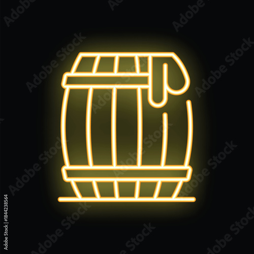 Yellow neon sign depicting a barrel leaking its contents, set on a black background
