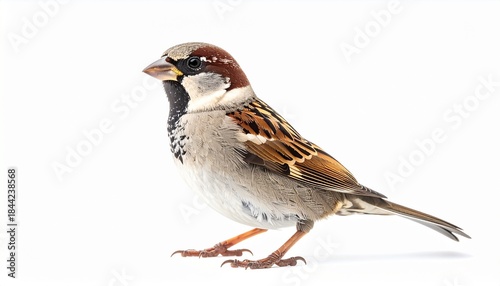 Single sparrow standing calmly on pure white background, soft diffused studio lighting.