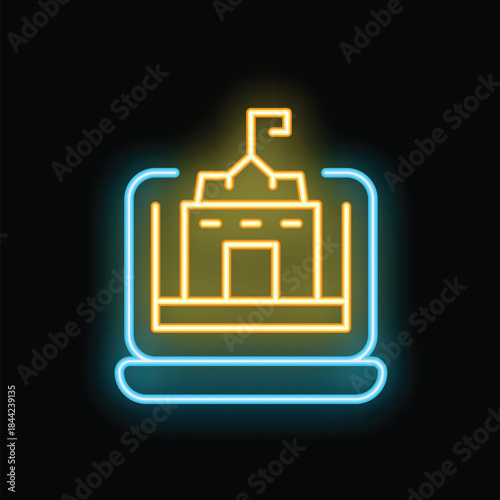 Neon icon showing a government building displayed on a laptop screen, representing the concept of online government services