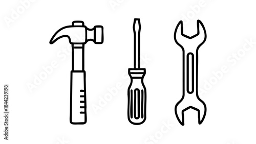 Construction tools set hammer screwdriver and wrench line art vector icon
