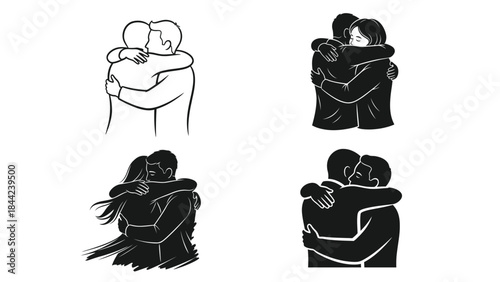 Collection of four distinct black and white vector illustrations depicting various styles of people embracing in warm heartfelt hugs