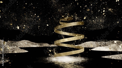 Golden spiraling ribbon forms a stylized tree shape against a dark, glittering background reflected in water