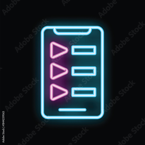 Neon smartphone displaying a playlist interface with play buttons, suggesting music or video streaming