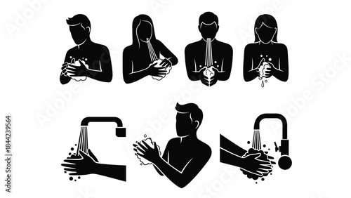 Essential black and white pictogram set illustrating the correct step by step procedure for thorough hand washing hygiene