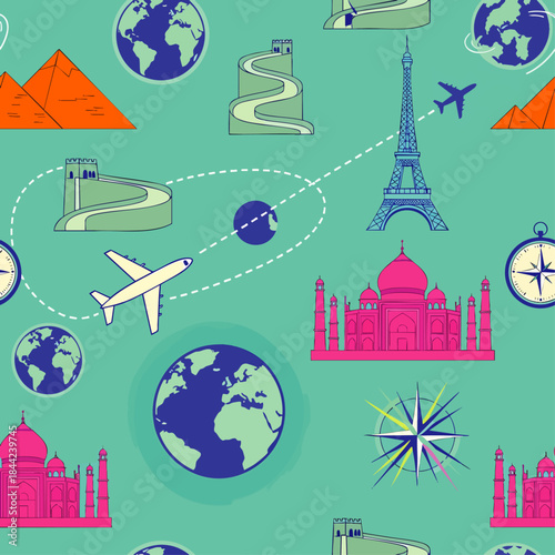 Seamless pattern of famous world landmarks and travel elements like airplanes and globes on a teal background.