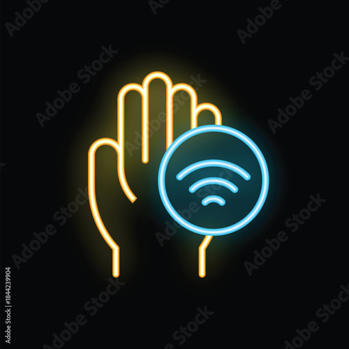 Neon style icon of a hand holding a wifi symbol, perfect for projects related to mobile hotspots and internet access