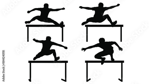 Collection of four black silhouette athletes performing various dynamic hurdle jumps and parkour movements over obstacles