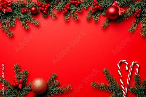 Christmas Red Background Frame with Fir Branches, Ornaments and Candy Cane Copy Space.