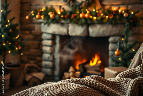 Cozy Christmas Fireplace in Rustic Living Room with Knit Blanket and Warm Holiday Lights.