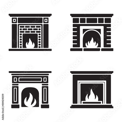 Fireplace modern brick wall home interior warm heating silhouette vector illustration