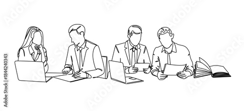 Continuous single line drawing of a young man and woman looking at a laptop screen, writing and reading line art vector illustration