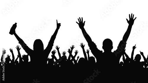 Silhouette of a large enthusiastic crowd with hands raised celebrating a concert or sporting event