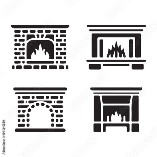 Fireplace rustic stone hearth home interior heating silhouette vector artwork