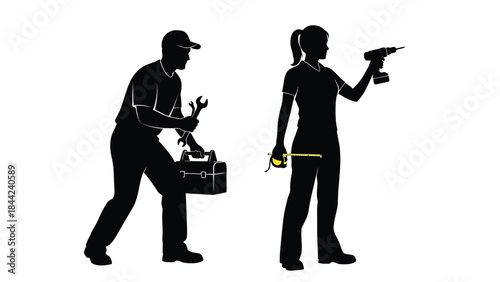 Silhouettes of a male mechanic carrying tools and a female construction worker holding a drill and tape measure ready for work
