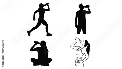 Collection of four diverse fitness silhouettes showing athletes hydrating with water bottles after intense physical activity