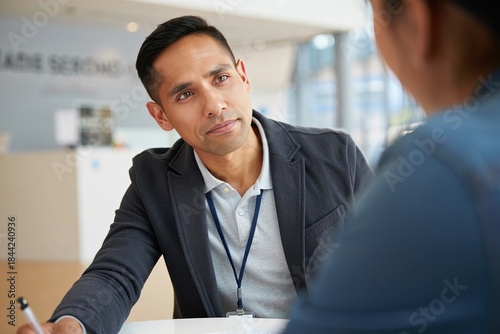 Student services coordinator advising a student at a modern campus center desk