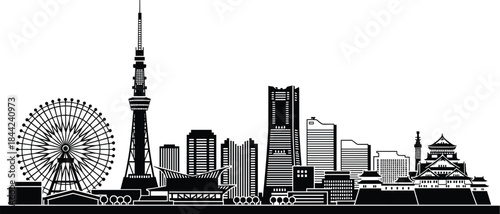 Iconic Osaka Japan Skyline Black Vector Silhouette.