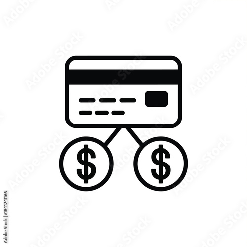 Credit card connected to two dollar coin icons symbolizes transaction payment and finance management online business