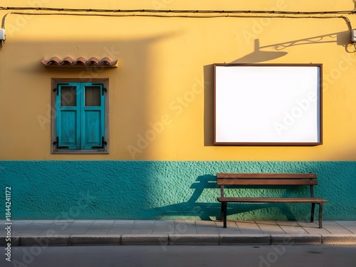 empty bench on the beach, Empty bulletin board on yellow wall beside teal window. Wooden bench sits on pavement. Outdoor info space with shadow patterns. Copy space for notices.