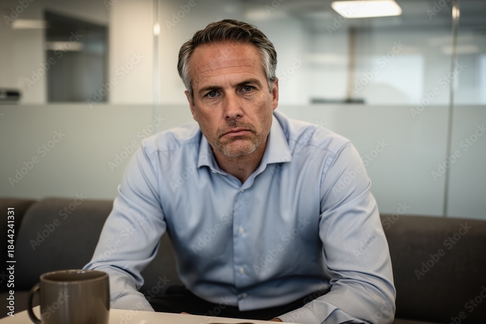Naklejka premium Pensive businessman in office after a difficult meeting, appearing rejected