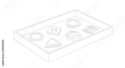 Isometric Line Art Illustration of Dalgona Game Shapes on a Tray