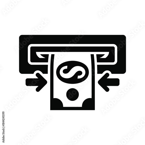 Cash withdrawal icon automated teller machine symbol dollar banknote going into machine slot concept of quick money transaction
