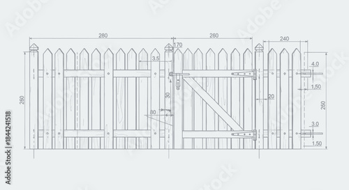 Detailed Architectural Blueprint of a Wooden Picket Fence and Gate.