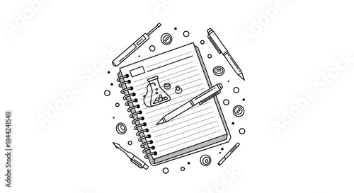 Science education and research concept with notebook and writing tools.
