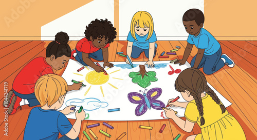 Happy diverse kids drawing vibrant pictures on paper together