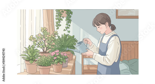 Young woman watering her houseplants at home.