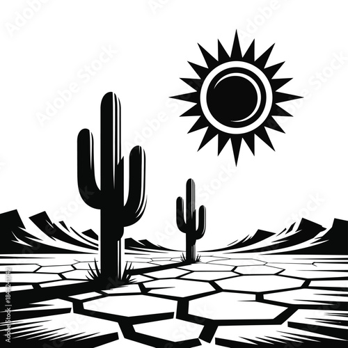 Arid desert landscape illustration showing extreme drought conditions cracked earth hot sun and tall saguaro cactus silhouettes