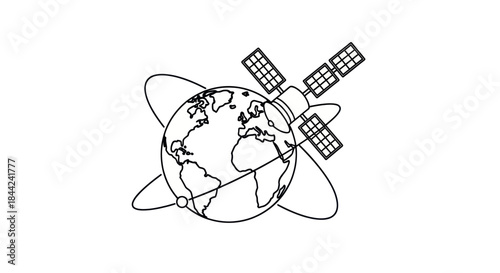 Global Communication Satellite Orbiting Earth Line Art