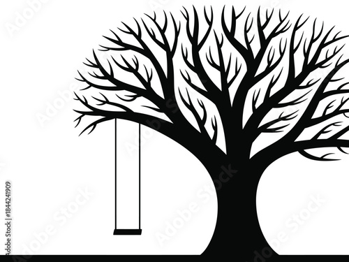Large bare tree silhouette with swing hanging from branch winter season outdoor leisure activity vector illustration