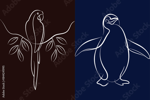 Elegant Parrot Penguin Lineart Duo, Minimalist Wildlife Sketch, Animal Contour Design