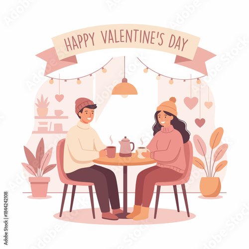 A Couple Enjoys a Romantic Evening at a Cafe, Sharing Warm Drinks and Affection Amidst Cozy Decor