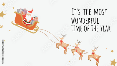 Santa claus flies through the air with reindeer and a sleigh
