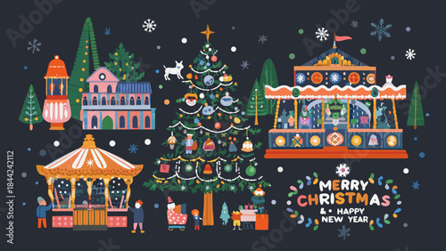 Festive christmas town illustration with christmas tree buildings and market stalls