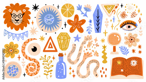 Whimsical illustration of a lion eye and various celestial and botanical elements