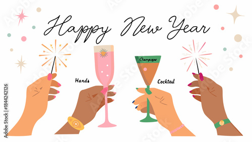 Celebratory hands holding champagne glasses and sparklers for the new year