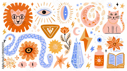 A whimsical collection of illustrated animals symbols and botanical elements